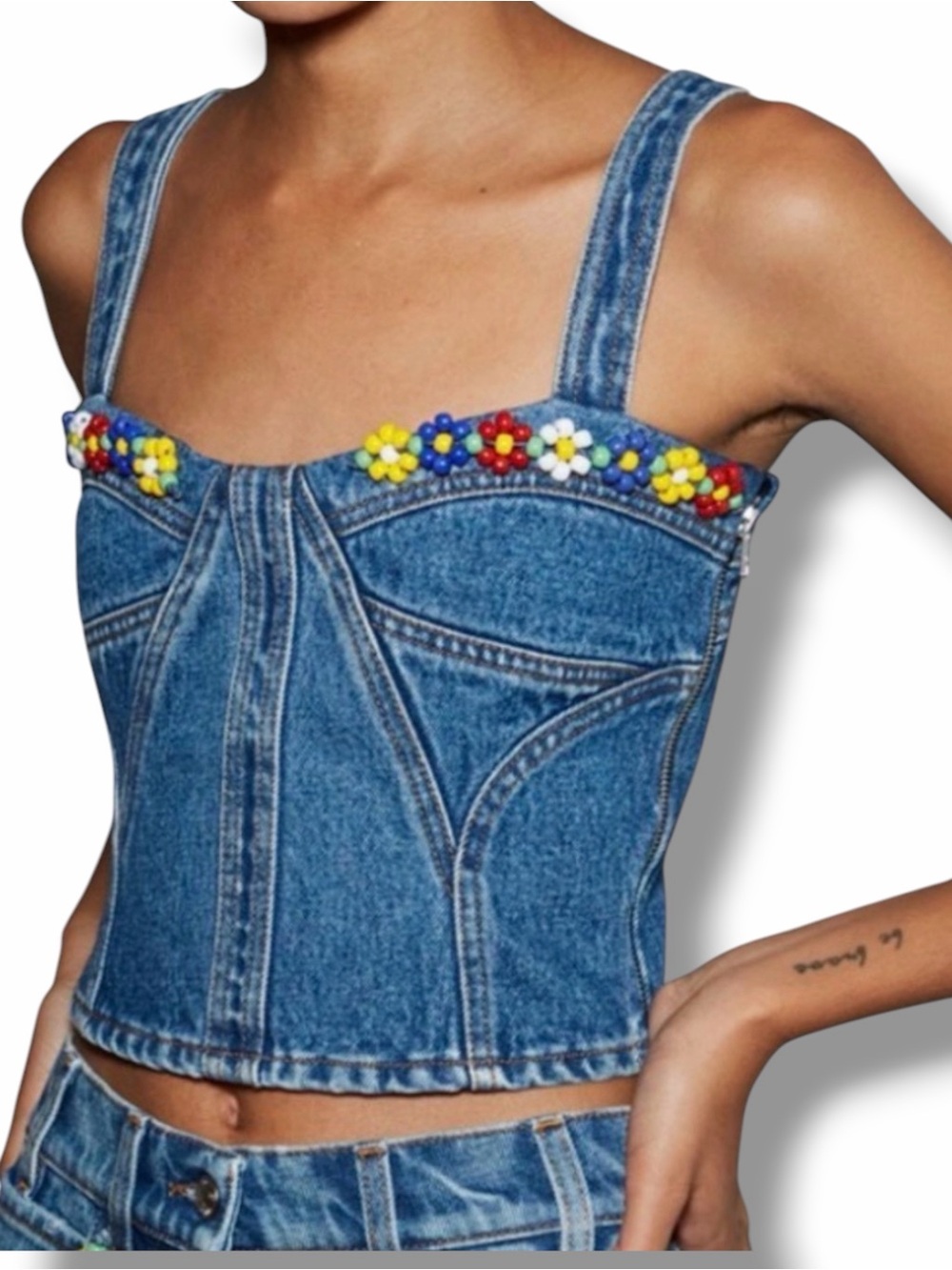 MSGM Denim Tank Top Corset Zip Side Beaded Daisy Size 44 US 10 RARE
